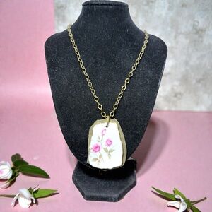 Broken China Necklace With Floral Pendant & Brass Chain
